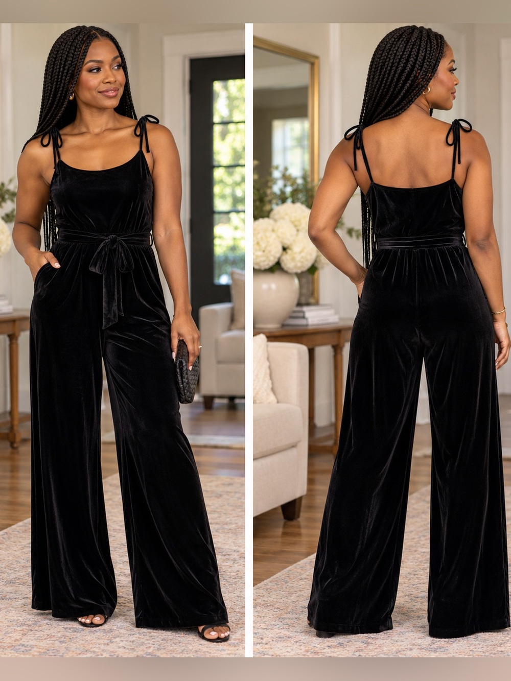 & Other Stories Black Velvet Tie Shoulder Wide Leg Jumpsuit Size 8